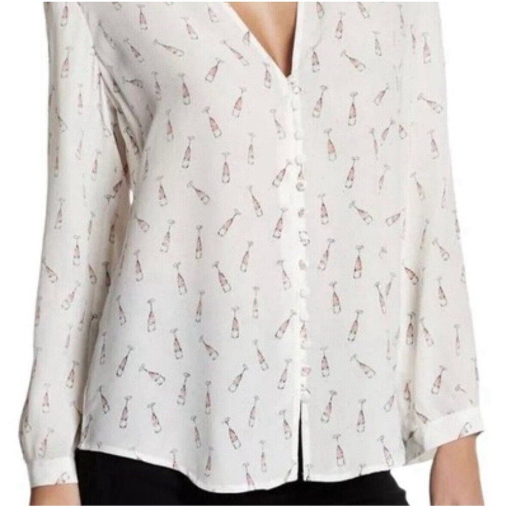 Joie 100% Silk Purine Blouse Champagne Flute Print Button Up Top Size XS L/S